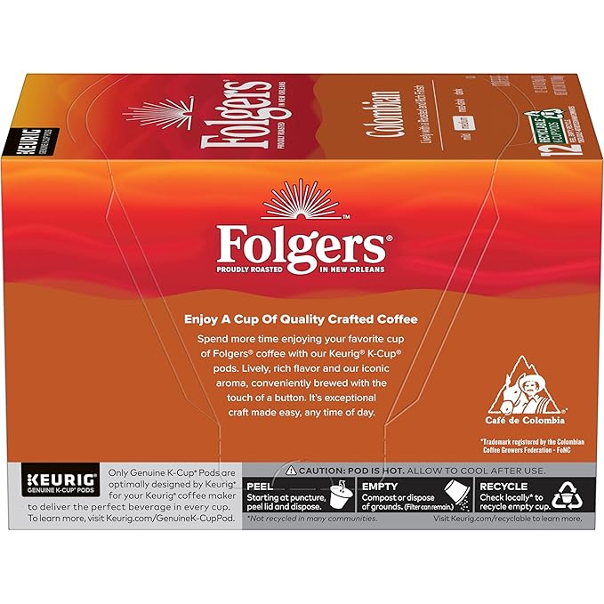 Folgers Colombian Medium Roast Coffee, 12 Keurig K-Cup Pods (Pack of 1)