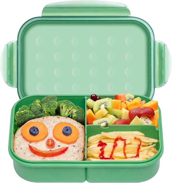 Wheat Straw Adult Lunch Box, Leakproof Bento Box for Kids, BPA-Free Microwave Safe Lunch Containers with 3 Compartments (Green, 5.5 cup)