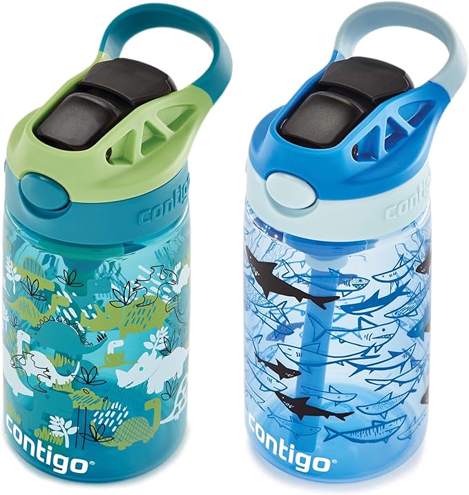 Contigo Aubrey Kids Water Bottle, 2-Pack, 14oz, Dinos & Sharks, Spill-Proof Lid, Dishwasher Safe, Blue & Green