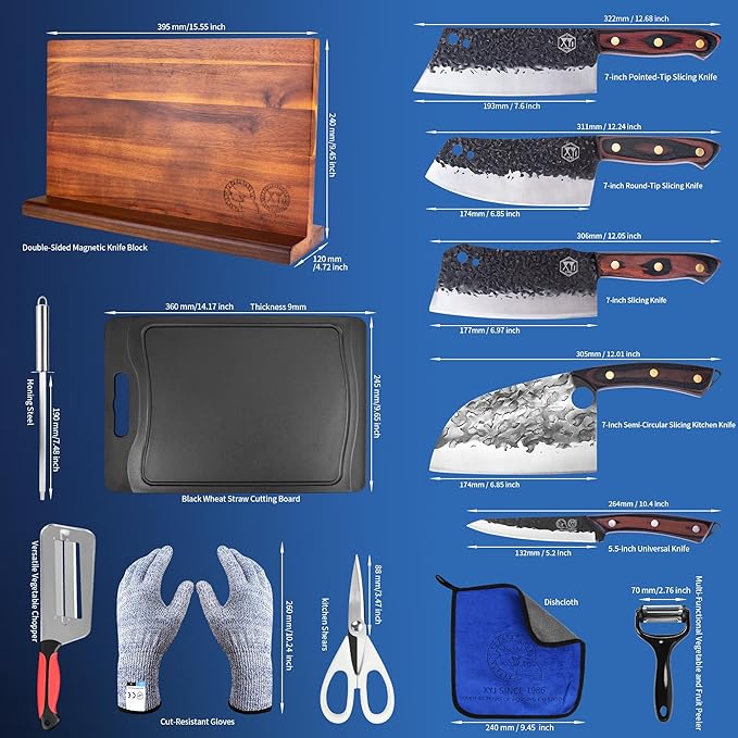 XYJ Knife Block Set, Full Tang Knives Set with Magentic Knife Block, Sharpening Stick, Scissors, Cut Resistant Gloves, Utility Vegetable Kitchen Knives, High Carbon Steel Blades, Pakkawood Handle