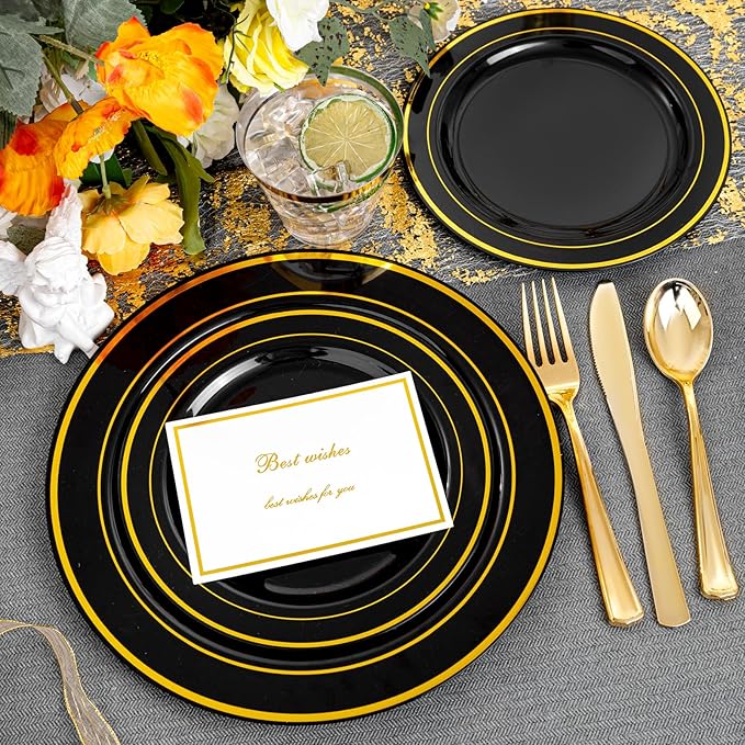 bUCLA 150 Pieces Black and Gold Disposable Dinnerware Set - 25 Guests Black Gold Plastic Plates Include 25 Dinner & 25 Dessert Plates, 25 Spoons, 25 Forks, 25 Knives, 25 Cups for Party & New Year