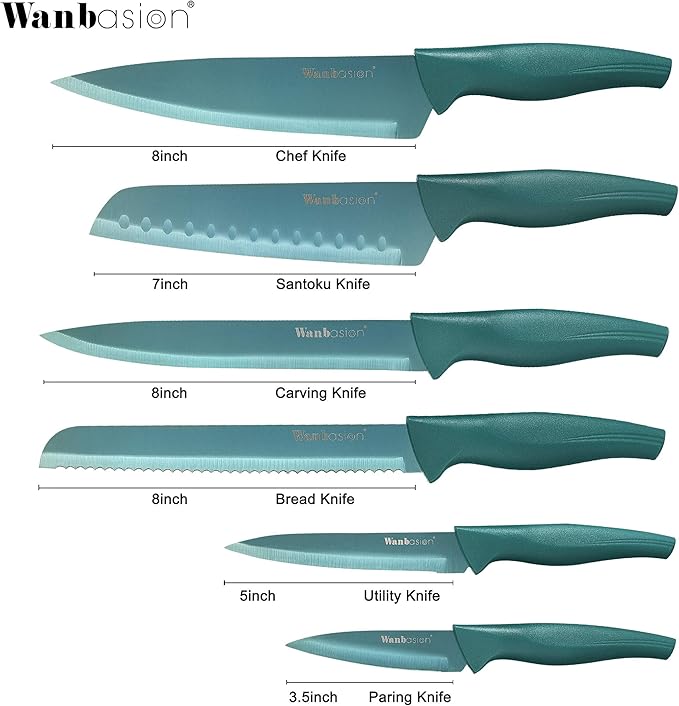 Wanbasion Green Professional Kitchen Knife Set, Stainless Steel, Dishwasher Safe with Sheathes
