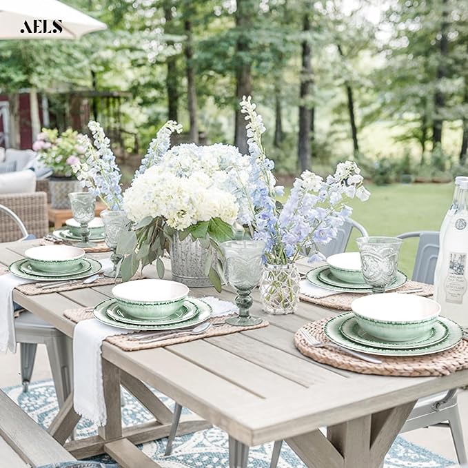 AELS Melamine Dinnerware Set of 18 Pcs Dinner Dishes Set, Lightweight Unbreakable for Indoor and Outdoor Use, BPA Free, Dishwasher Safe, Sage Green