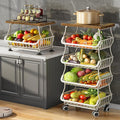 SAYZH Fruit Basket for Kitchen with Wood Top 5 Tier, Stackable Fruit and Vegetable Storage Cart, Wire Storage Basket with Wheels, Vegetable Basket Bins Rack for Onions and Potatoes, White