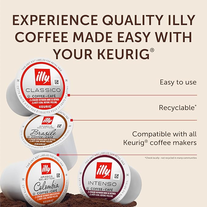 Illy Coffee K-Cups - Compatible Pods for Keurig Coffee Maker - Classico, Intenso, Brasile & Colombia Roasts - Variety - 10 Count (Pack of 6)