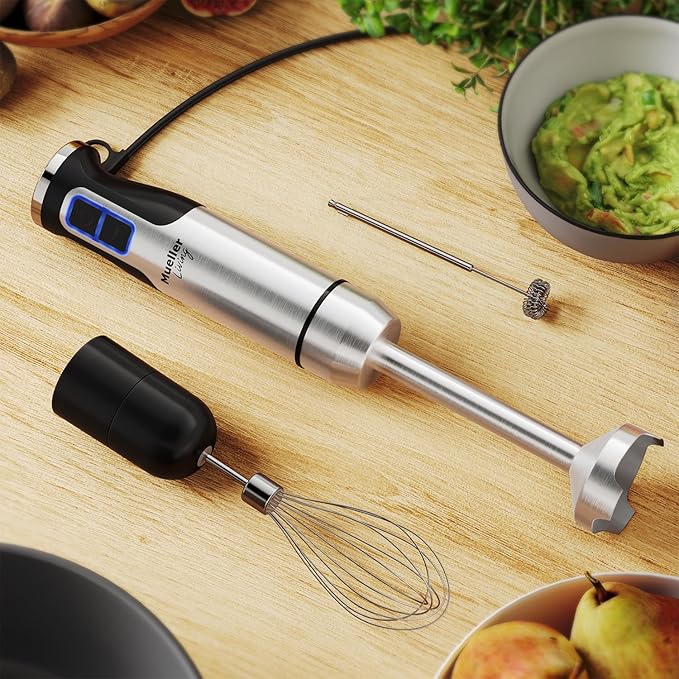 MuellerLiving Immersion Handheld Stick Blender: 8-Speed Stainless Steel Electric, 3-in-1 Turbo Mode for Soup, Smoothies, and Purée.