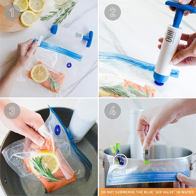 Sous Vide Bags for Joule and Anova Cookers - 15 Reusable BPA-Free Sous Vide Bags with Vacuum Hand Pump in Various Sizes -Vacuum Sealer Bags Food Storage Freezer Safe - Fits Any Sous Vide Machine