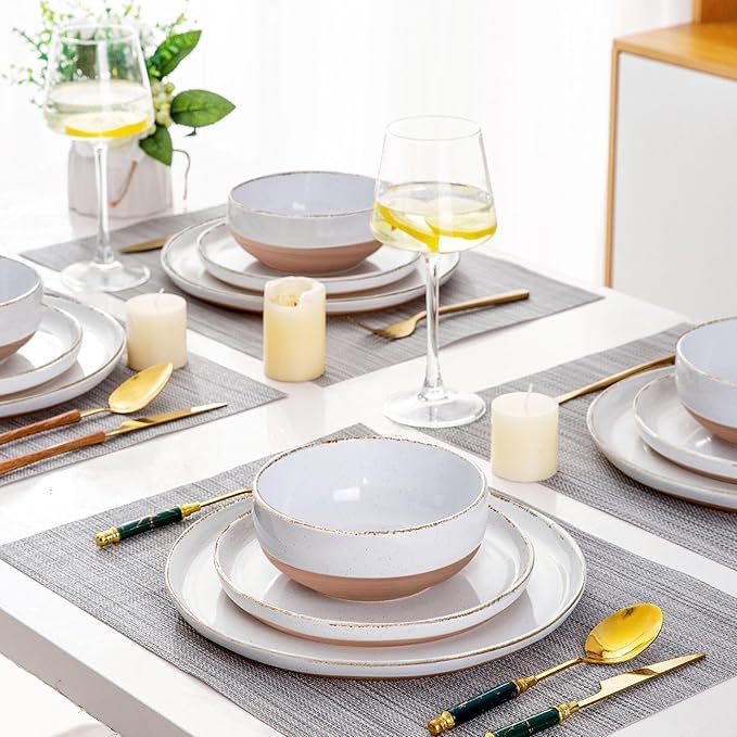 AmorArc 24 Pieces Ceramic Dinnerware Sets for 8, Handpainted Stoneware Plates and Bowls Set with Rustic Terracotta Underside, Scratch Resistant Dishes Set, Dishwasher & Microwave Safe, White