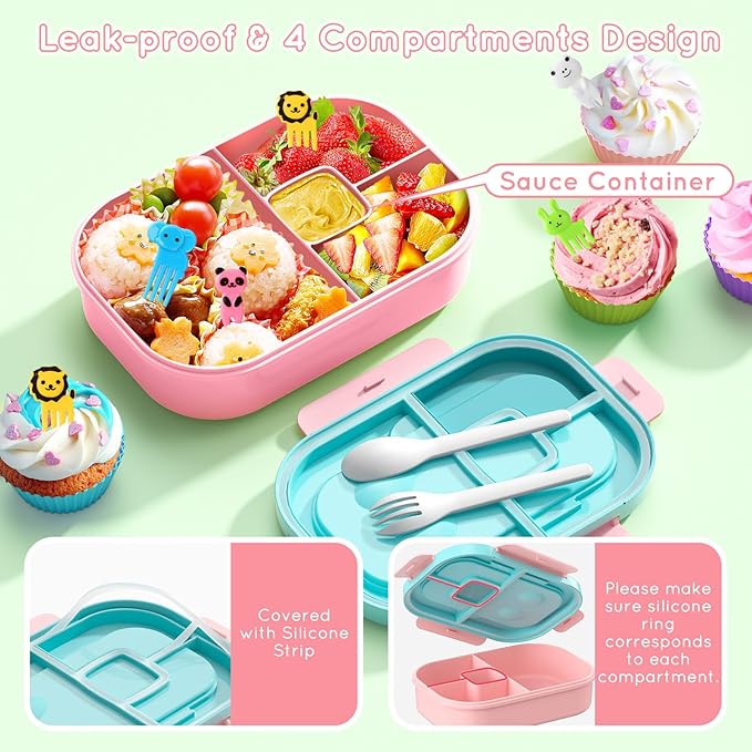 Lunch Box Kid Adult Bento Box, 4-Compartment Food Lunch Containers with Fork & Spoon, BPA Free, Leak-Proof Bento-Style Lunch Box for Work School, Microwave & Dishwasher Safe (Candy)