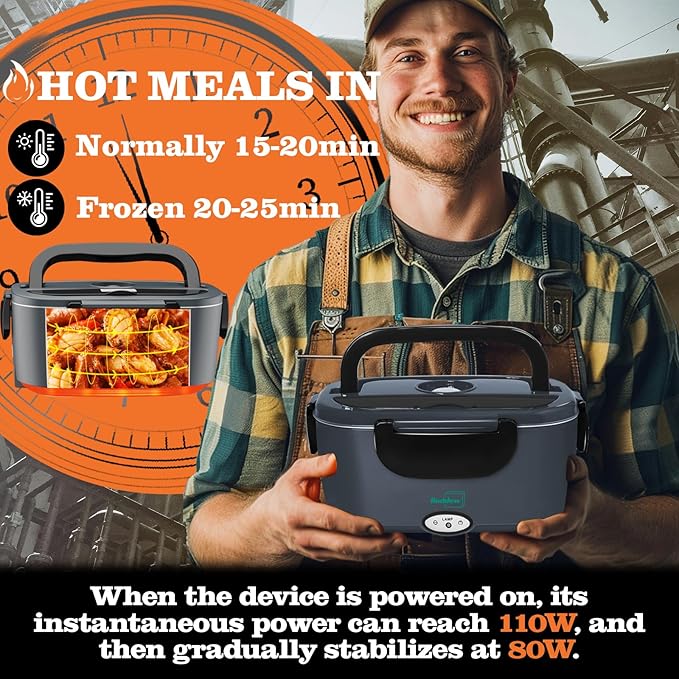 Buddew Electric Heated Lunch Box for Adults - 80W Fast Heating, 1.5L Food-Grade Stainless Steel, 12V/24V/110V Portable Food Warmer for Work Travel Car, Lonchera Electrica Portatil