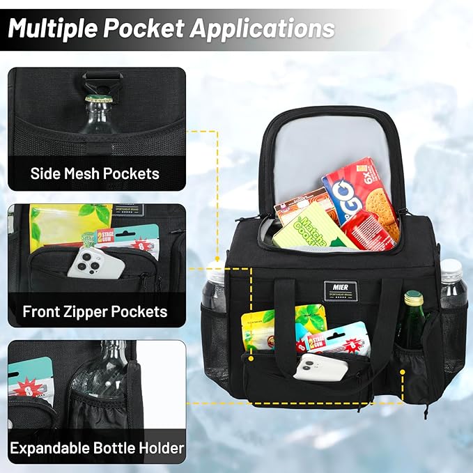 MIER Large Lunch Box for Men Women Adult Insulated Soft Sided Cooler 30 Can Leakproof Lunch Bag Collapsible for Work Travel Camping Beach, 18L (Black-No Luggage Strap)