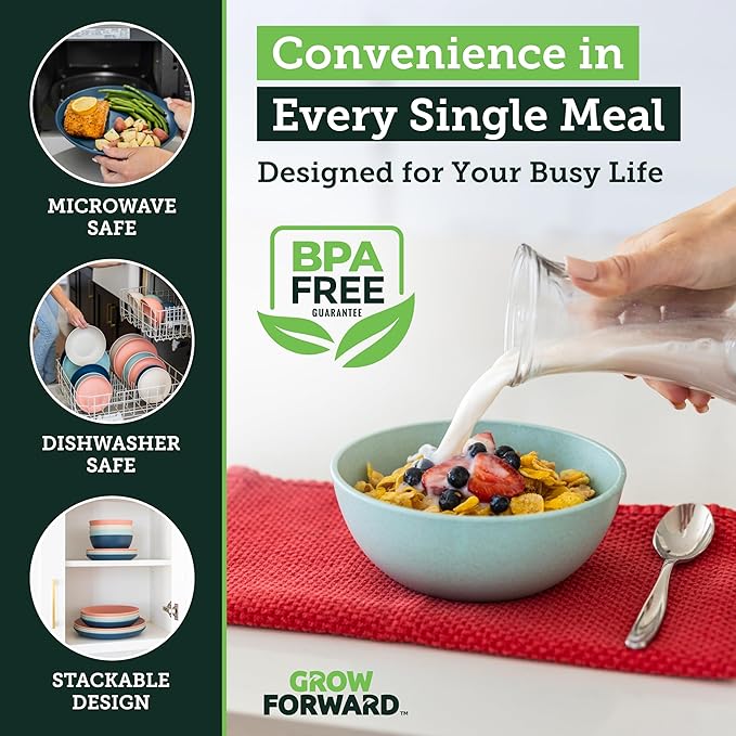 Grow Forward 16-piece Premium Wheat Straw Dinnerware Sets for 4 - Unbreakable Dishwasher & Microwave Safe Plastic Plates and Bowls Sets - Patio, Outdoors, RV, Camping Dishes - Tropical