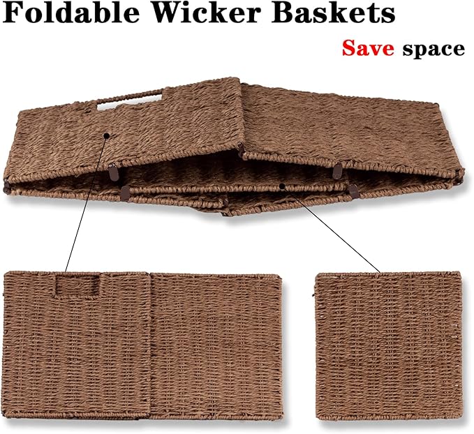 Vagusicc Wicker Basket, Set of 2 Hand-Woven Paper Rope Storage Baskets for Organizing, Foldable Cubby Storage Bins, 11 Inch Large Wicker Storage Basket, Square Baskets Cube Storage Organizer, Brown