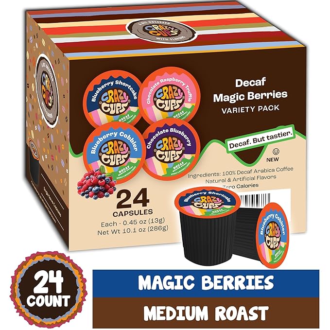 Crazy Cups Decaf Blueberry Coffee Pods Variety Pack, Decaf Magic Berries Hot or Iced Flavored Hot or Iced Coffee Pods, Single Serve Recyclable Pods Compatible With Keurig K Cup Brewers, 24 Count