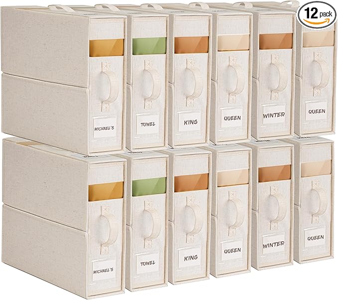 12Pack Linen Sheet Organizers for Linen Closet - King/Queen Size Bedding Storage Boxes with Clear Window | Foldable, Dustproof Sheet Storage Organizer for Blankets & Sheet Sets,Off-white