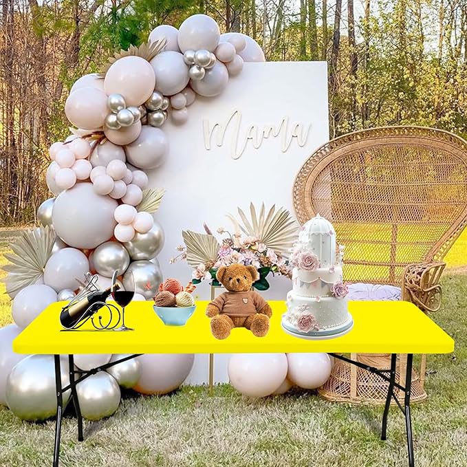 6 Pack Fitted Tablecloth for 6 Foot Rectangle Tables, Yellow Elastic Outdoor Picnic Table Cover, Washable Stretch Folding Table Cloths 6 ft for Camping Party Patio Kitchen Banquet, 30" W x 72" L