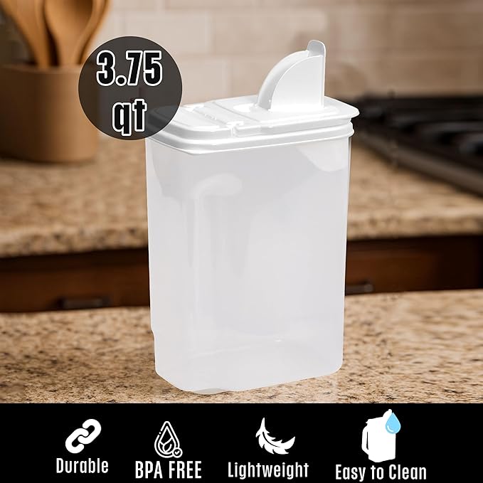 Buddeez Large Food Storage Container - 3.75 Quart Sugar Buddy, All Purpose Clear Kitchen Organization and Storage - Sugar, Flour, Cereal, Rice Dispenser, EZ Pour Spout & Easy Grip Handle (White Lid)
