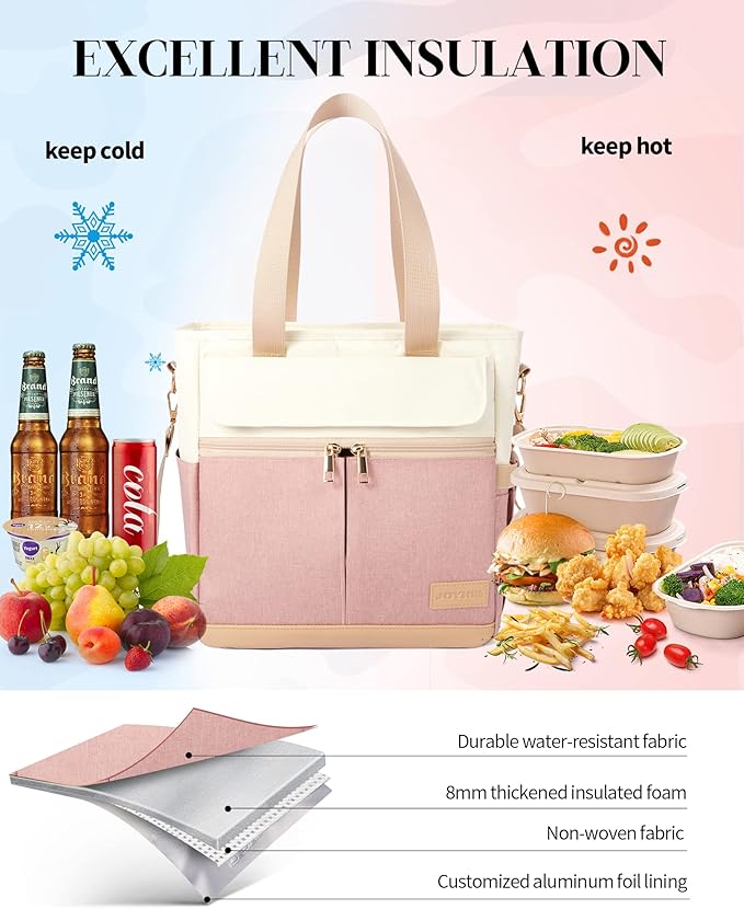 JOYHILL Lunch Bag for Women, Lunch Tote Leakproof Insulated Lunch Box with Shoulder Strap, Adult Reusable Lunch Cooler Tote Bags for Work Picnic Camping Beach (A-PINK)