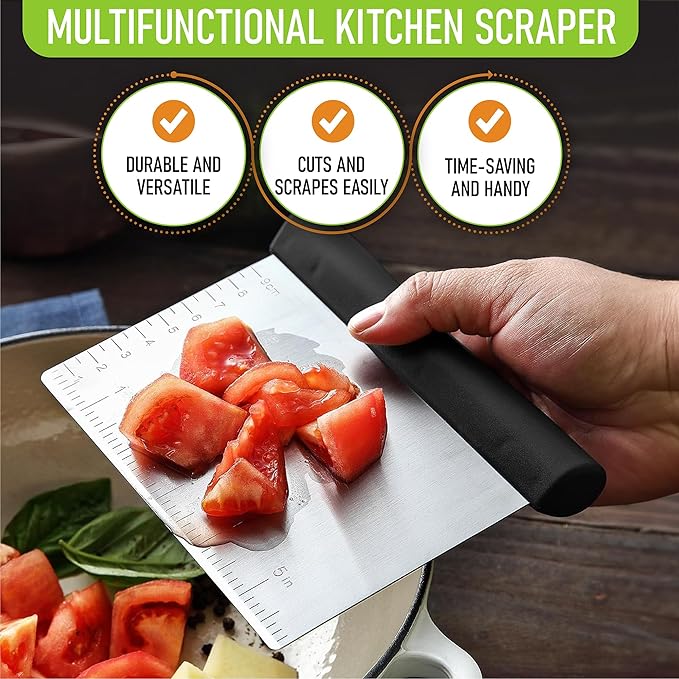 Spring Chef Dough Bench Scraper for Baking with Markings - Stainless Steel Kitchen Dough Cutter Tool with Bowl Pastry Scraper for Pizza, Bread, Pastries - Bench Knife - Dishwasher Safe - Black