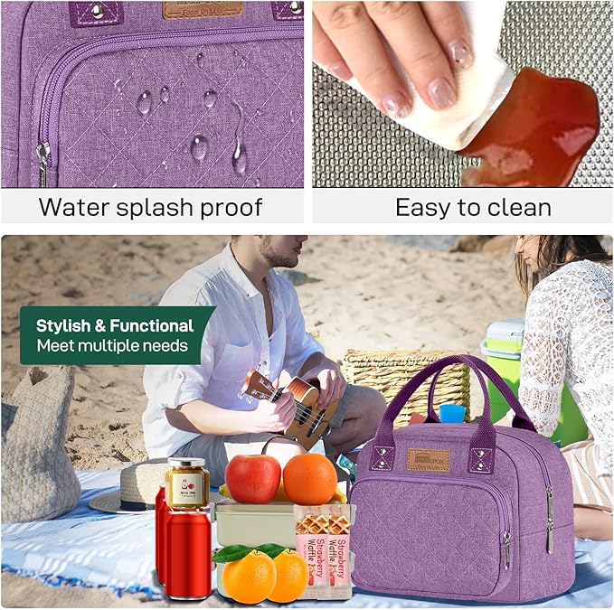HOMESPON Lunch Bag for Woman Man Adults with Front Pocket Insulated Lunch Tote Lunch Box Container for Work Picnic or Travel(Purple)