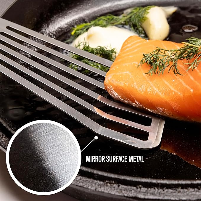Professional Fish Spatula Stainless Steel Set - 1 Large + 1 Small stainless steel spatula - mirror polished spatulas with heat resistant ergonomic handles - fish turner for Flipping, Frying & Grilling