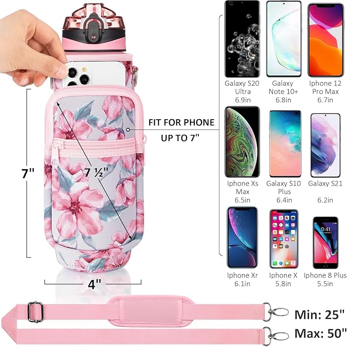 Fimibuke 32 oz Water Bottle with Sleeve - BPA Free Leakproof Sport Large 1L Plastic Motivational Water Bottle with Straw Strap & Insulated Neoprene Holder Carrier Bag Great Xmas Gift for Women Men