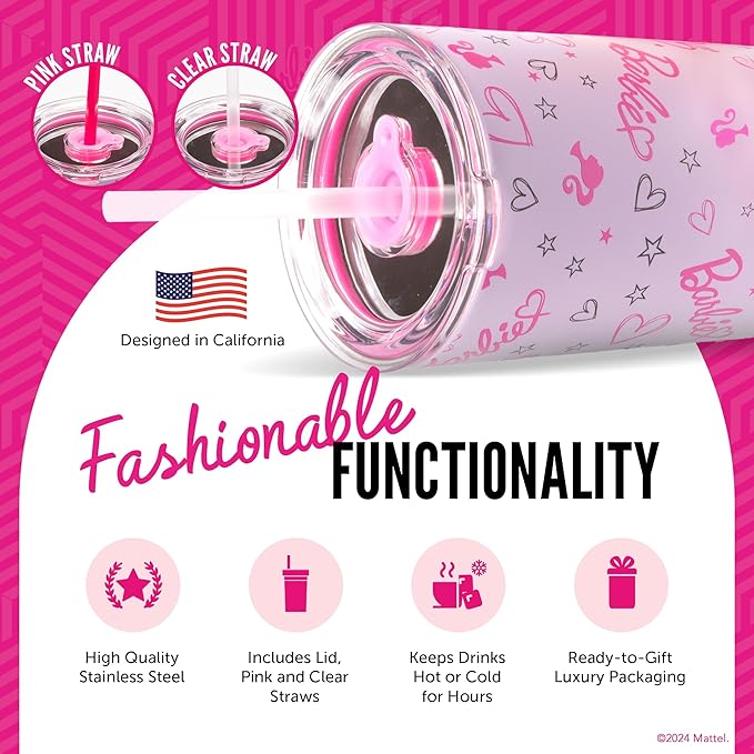 Dragon Glassware x Barbie Vacuum Insulated Tumbler with Lid and Straw - 24 oz Tumbler Cup with 2 Straws - Stainless Steel Tumbler with Straw for Water, Iced Tea - Travel Coffee Tumbler - Love Out Loud
