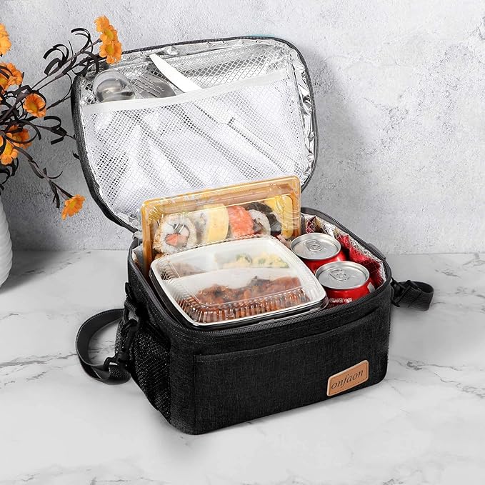 ONFAON Lunch Bag for Men/Women, Insulated Reusable Lunch Box Leakproof Cooler Tote Bag Freezable with Adjustable Shoulder Strap for Office Work Picnic Beach(Black)