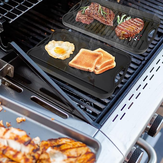 Large Cast Iron Griddle Insert, Skillet, Oblong Grilling Pan for Stovetop,Pre-Seasoned Stovetop Griddle Gas Stove Grill Plate Oven, 17" x 10" Reversible Pancake Pan for Weber,Charbroil etc.,1PC