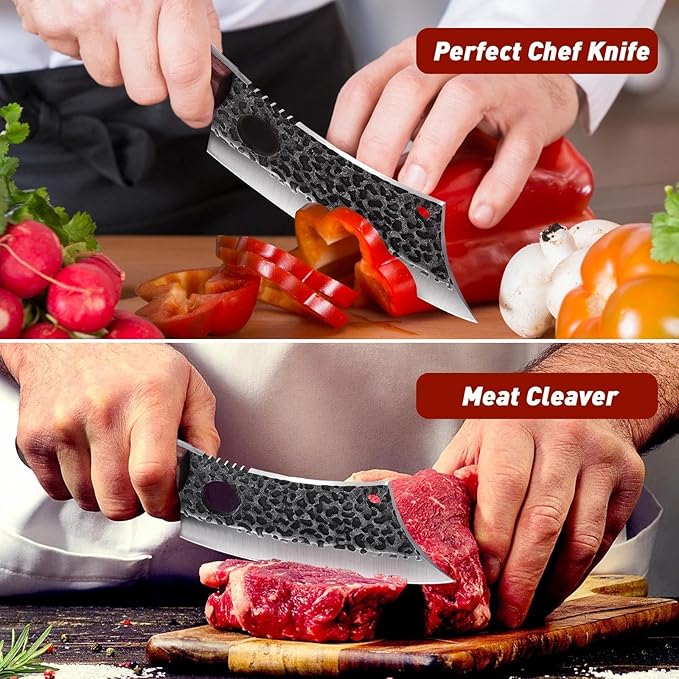 ROCOCO 3PCS Butcher Knife Set - Serbian Chef Knife Viking Boning Cleaver for BBQ Birthday Father Mother Christmas Gift Idea Men