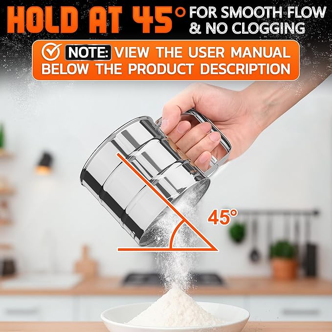 Flour Sifter for Baking – 3 Cup Flour Sifter Stainless Steel with Dual-Blade, Ergonomic Handle, Reinforced Base, Rust-Resistant and Easy to Wash – For Powdered Sugar, Cocoa, and Daily Baking Tasks