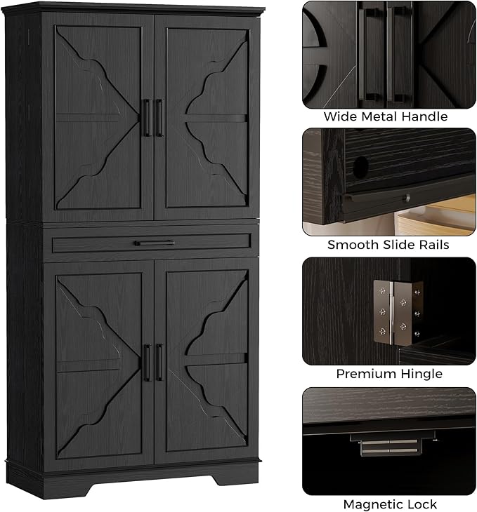 IRONCK Farmhouse Kitchen Pantry Cabinet, 72" Height Tall Freestanding Cupboard with Sliding Storage Rack and 6 Hanging Shelves for Kitchen, Dining Room, Black