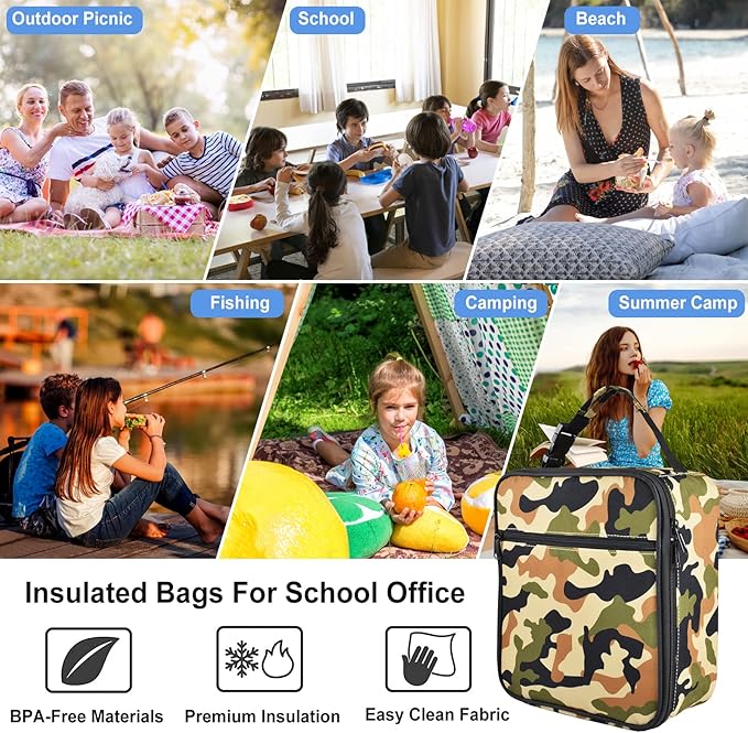 Insulated Lunch Bag, Leakproof Portable Lunch Box for Women Men Boys Girls, Large Capacity Cooler Bag for Office School Camping Hiking Outdoor Beach Picnic (Camo Brown)