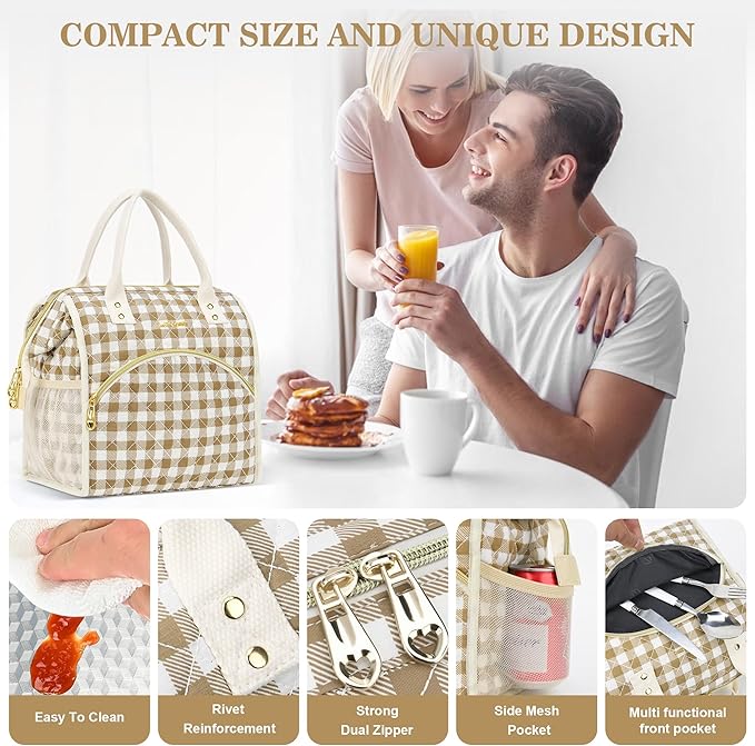 LOKASS Insulated Lunch Bag Women- Reusable 10 L Lunch Box for Women - Leakproof Tote Cooler Bag for Adults Work, Beach, Travel, Picnic （Brown&White Diamond Grid）