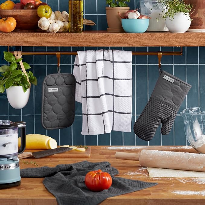 KITCHENAID Quilted Cotton Terry Cloth Oven Mitt, Pot Holder, Kitchen Towel 4-Pack Set, Heat Resistant, Silicone Grip, Gift Set, Charcoal Grey, 16"x26", 7"x13" & 7"x10"