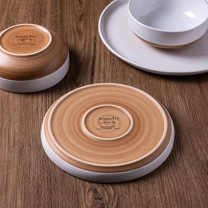 AmorArc Ceramic Dinnerware Sets for 6, 18 Pieces Handpainted Plates and Bowls Set with Rustic Terracotta Underside, Scratch Resistant Stoneware Dishes Set, Dishwasher & Microwave Safe, White