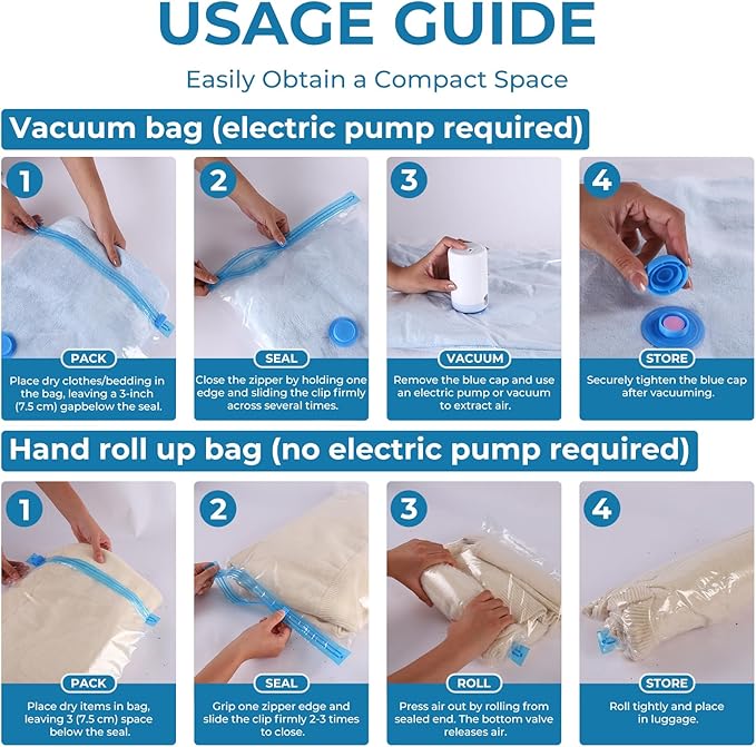 Travel Vacuum Bags with Rechargeable Cordless Pump, 20 Pack Vacuum Seal Bags for Clothing Travel Compression, Space Saver Vacuum Storage Bags for Clothes, Blanket, Bedding, Pillows, Comforters