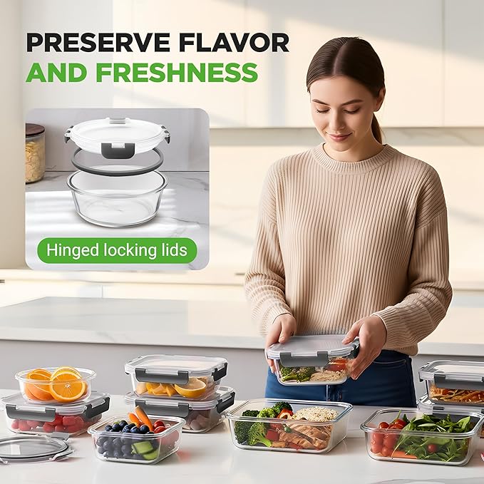 NutriChef 24pcs Glass Food Storage Containers, (12 Stackable Heavy Duty Meal Prep Containers w/ 12 Airtight Lids), Microwave, Freezer, & Dishwasher Safe for Food, Snacks, Fruit & More, (Gray)