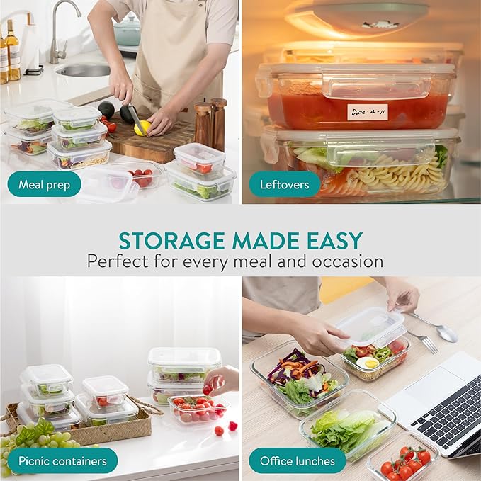 Navaris Glass Food Storage Containers with Lids - Set of 8, Airtight & Lockable - Reusable Meal Prep Containers for Lunch, Leftovers & Picnic - Microwave, Dishwasher & Oven Ready