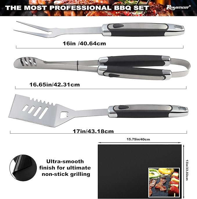 ROMANTICIST 21pc BBQ Grill Accessories Set with Thermometer - The Very Best Grill Gift on Birthday Wedding - Heavy Duty Stainless Steel Grill Utensils with Non-Slip Handle in Aluminum Case