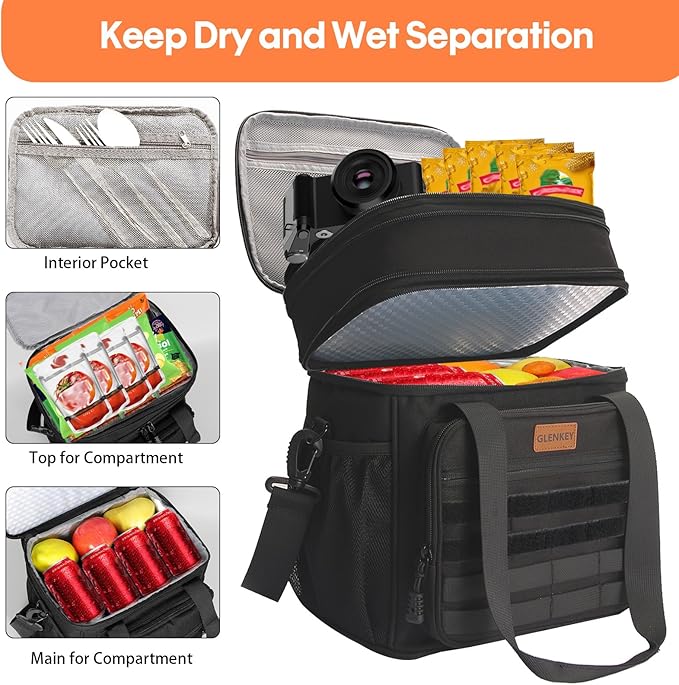 Tactical Insulated Lunch Bag Lunch Box - Expandable Large Cooler Bag for Men - Versatile Lunchbox for Adults Work Shifts Outdoor Trips Black 16L