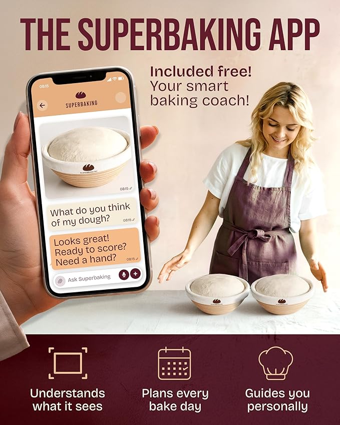 Superbaking Banneton Bread Proofing Basket Set of 2, 9" Splinter-Free Round Rattan Bread Basket with Liners, Sourdough Starter Kit, Sourdough Bread Baking Supplies & Sourdough Kit, Bread Making Tools