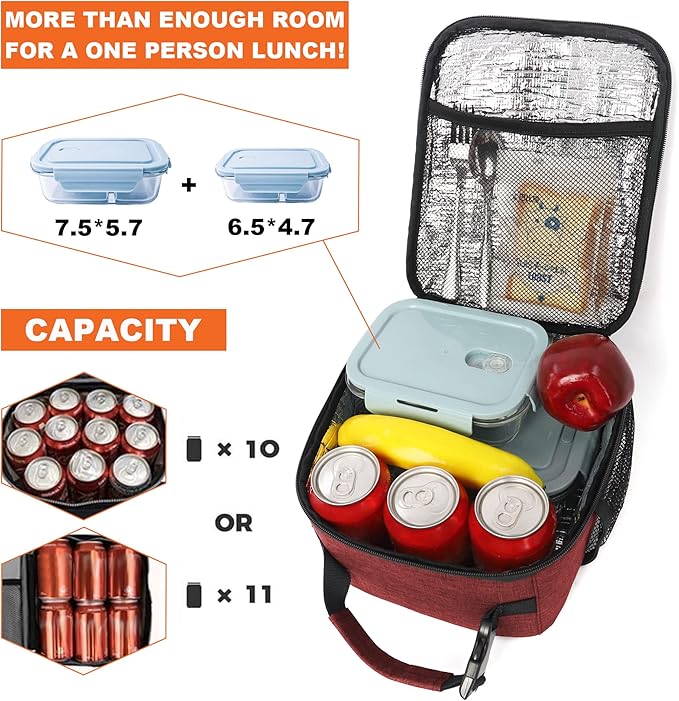 Lunch Box for Men Women Adults Small Lunch Bag for Office Work Picnic - Reusable Portable Lunchbox, Red
