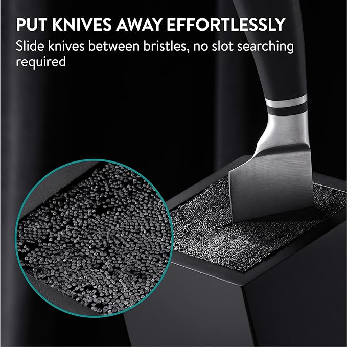 Navaris Knife Block, Black - Universal Knife Storage Solution - Bamboo Kitchen Knives Holder with Bristles - Tilted Storage for Easy Access - Removable Insert for Easy Cleaning