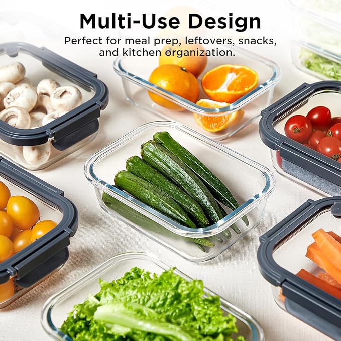 Glass Food Storage Containers with Lids,10 pack [36oz*5+13.5oz*5], Glass Meal Prep Container with Airtight Lids, Microwave Safe Food Container Set, BPA Free, LeakProof, Ideal for Lunch