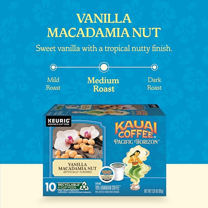 Kauai Coffee K-Cup Pods for Keurig Brewers – Arabica Coffee, 10% Hawaiian – Medium Roast, Vanilla Beans with Toasted Macabamia Nuts – Vanilla Macadamia Nut, 2 Pack of 10 Single Serve K-Cups