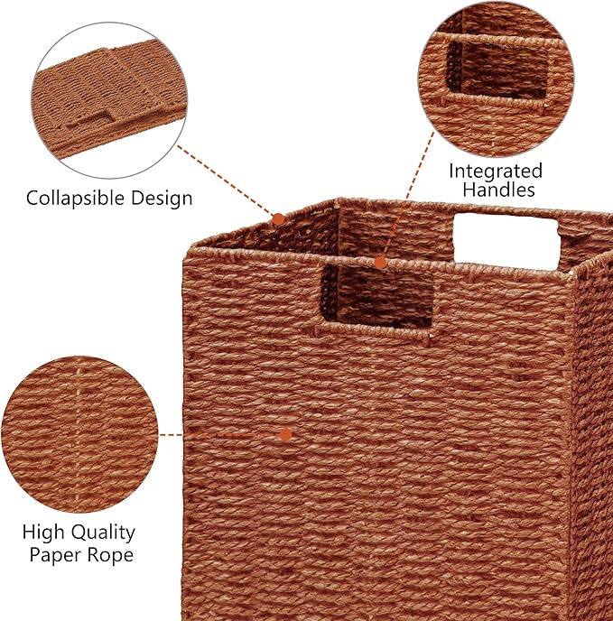 Vagusicc Wicker Storage Basket, Set of 2 Hand-Woven Paper Rope Wicker Basket, Foldable Cube Storage Bins, 9 inch Square Storage Baskets for Organizing Shelves & Decor, Orange (9″×9″×9″)