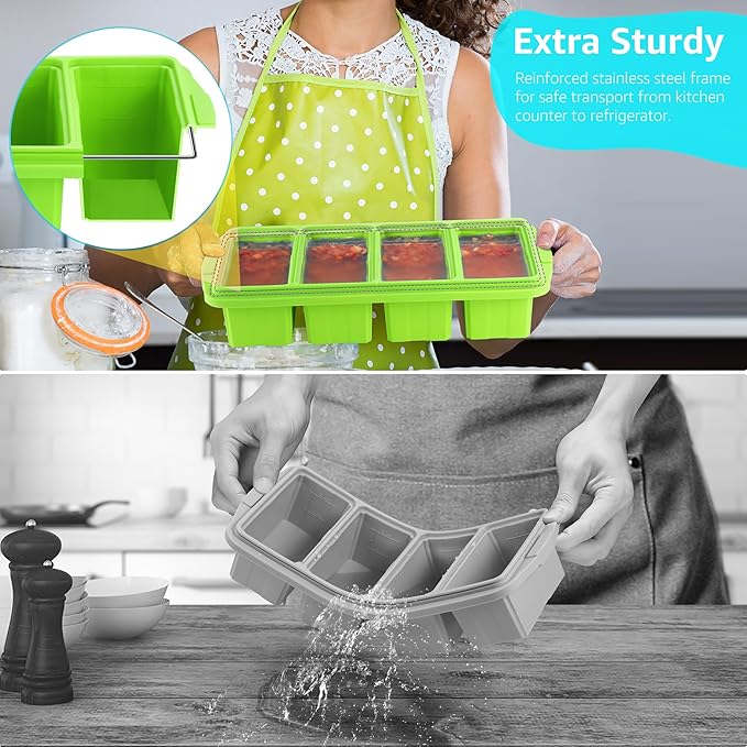 Silicone Freezer Tray With Lid - Silicone Freezer Food Molds- Large Ice Cube Tray,Silicone Freezer Container,Freeze & Store Soup, Sauce, Broth,Leftovers - Makes 4 Perfect 1 Cup