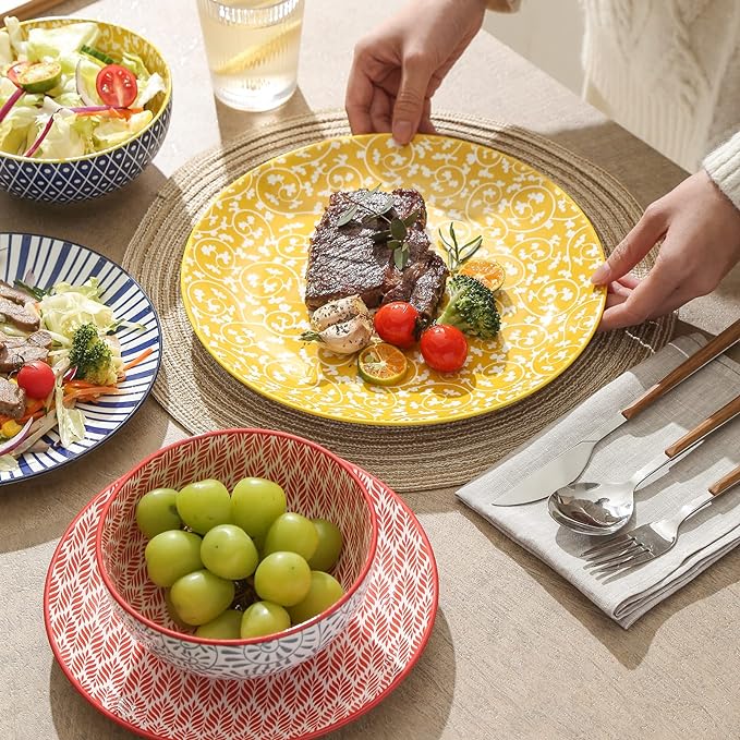 Selamica Ceramic Dinnerware Sets, 12-Pieces Plates and Bowls Sets, Scratch Resistant Dishes set for 4, Dishwasher & Microwave Safe, Assorted Colors