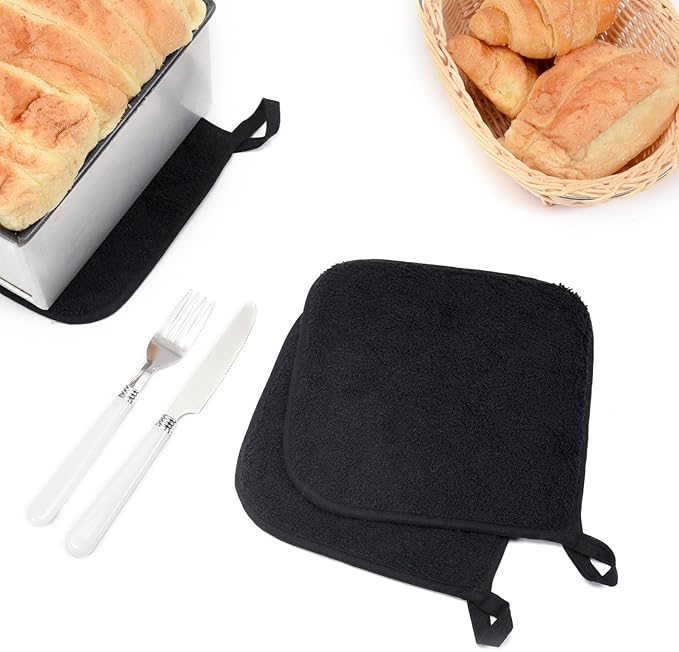 100% Cotton Kitchen Everyday Basic Terry Pot Holder Heat Resistant Coaster Potholder for Cooking and Baking Set of 5 Black